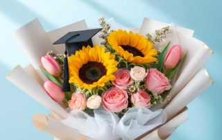 Graduation Bouquet Sunflowers, Tulips and Pink Roses