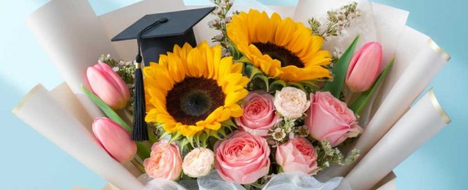 Graduation Bouquet Sunflowers, Tulips and Pink Roses